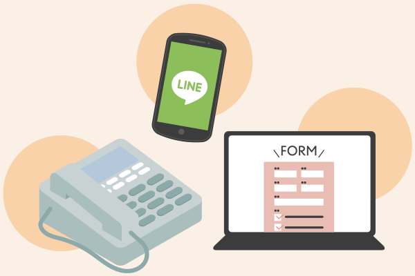電話機、LINEの画面、メールフォームのイラスト