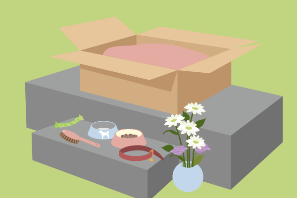 簡易な祭壇と、ペットのためのお花やお水などのお供え。