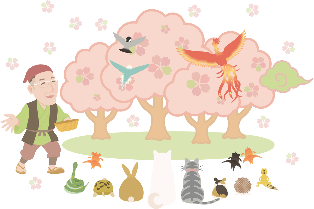 花咲か爺さん風の格好をした代表の阪田と、満開の桜を見つめるペットたちの後ろ姿のイラスト